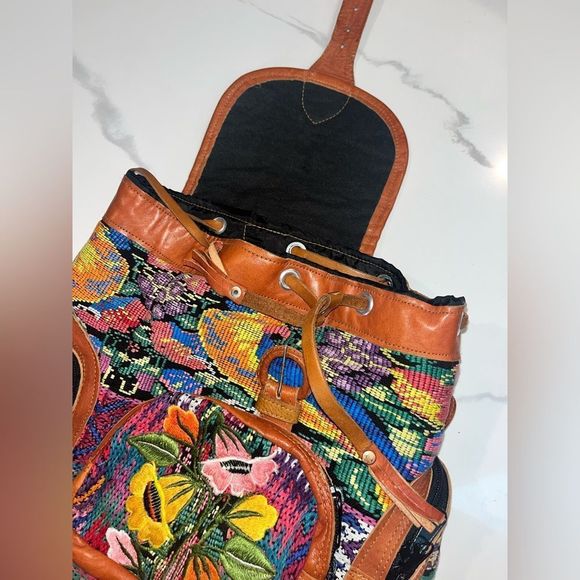 Vintage Handbags - Vintage Floral Textile Leather Backpack